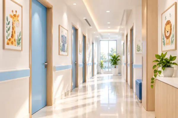 Klinik bölümlerini birbirine bağlayan aydınlık koridor (temsilî görsel)